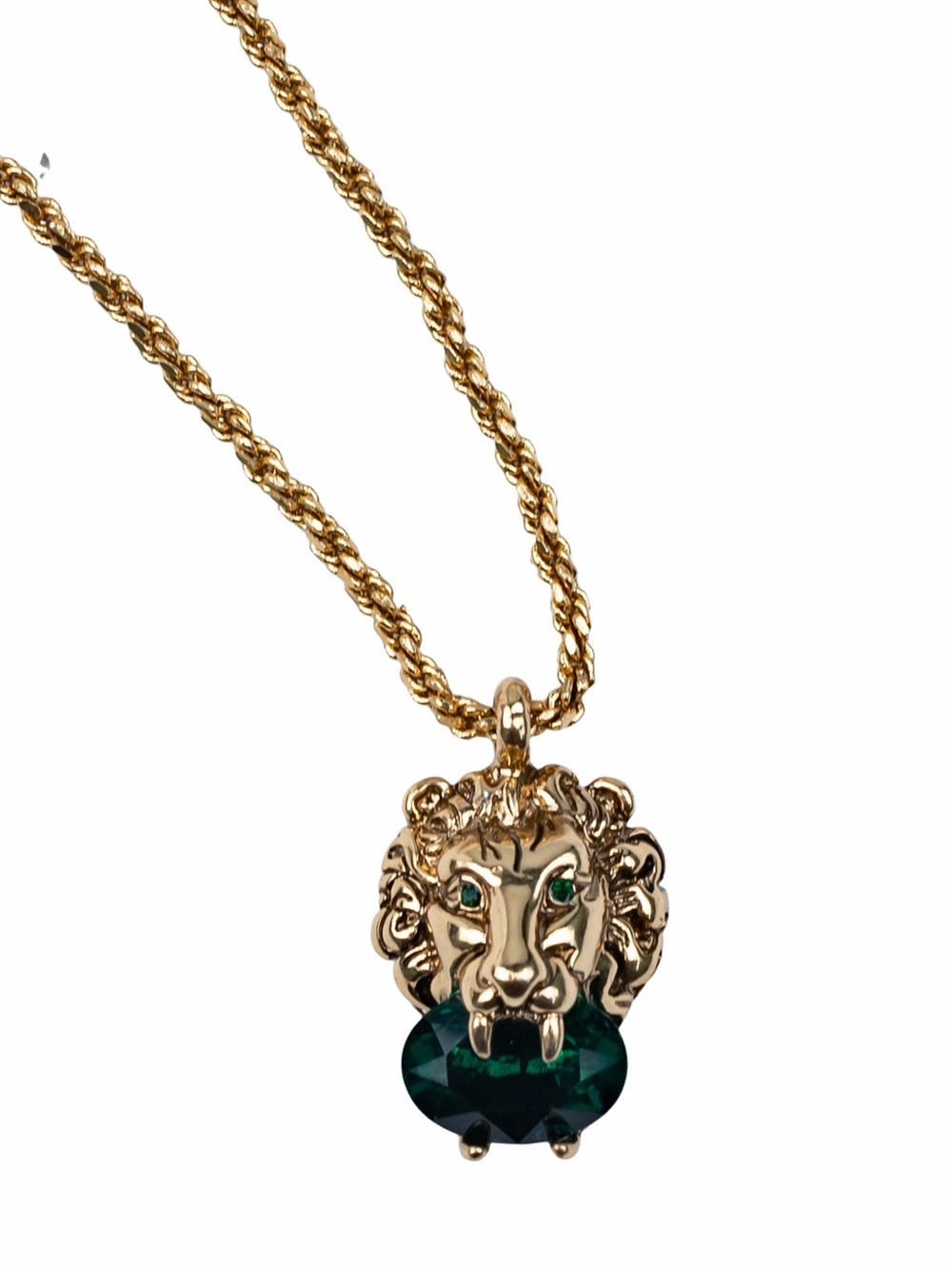 Gold Lion Head Pendant Necklace with Emerald Stone - Women Jewelry